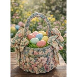 Vintage Handmade Braided Floral Rag Rug Fabric Decorative Cottagecore Bow Basket